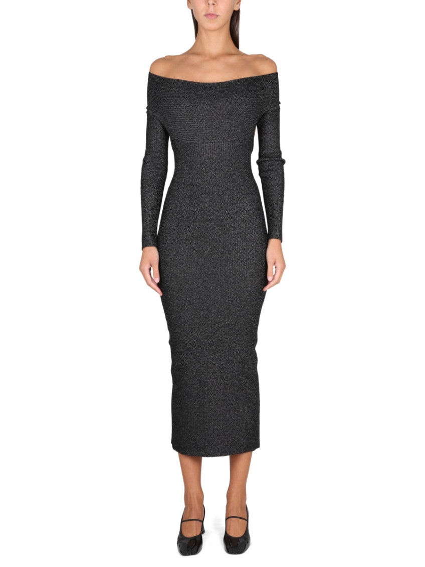 Black Textured Off Shoulder Midi Dress 1