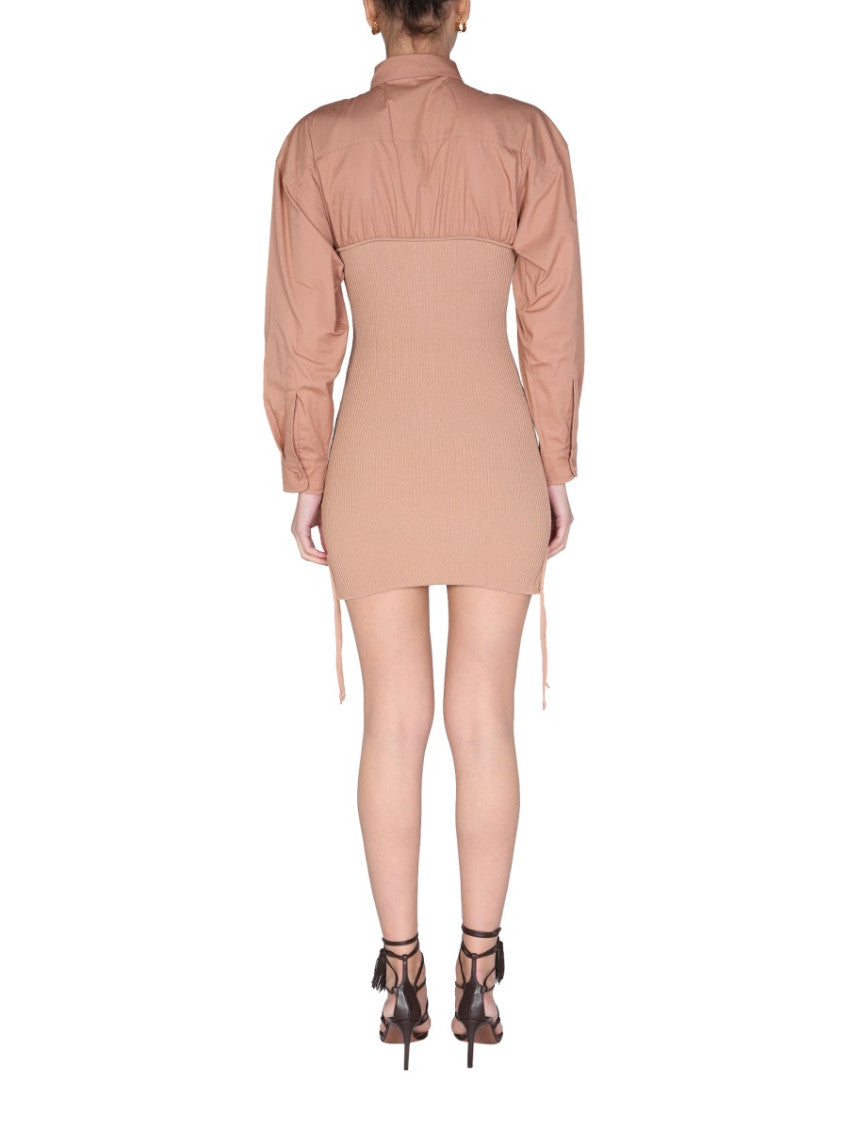 Beige Woven Shirt Collar Mini Dress 3