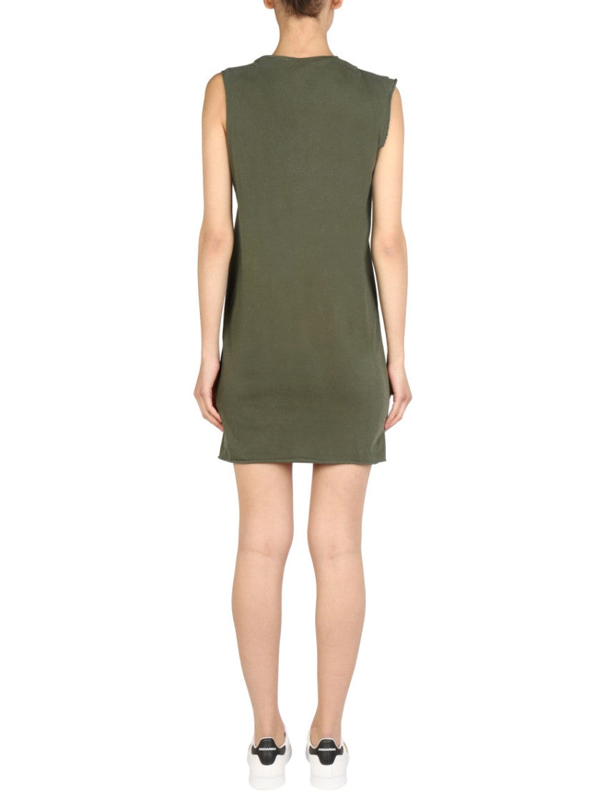Green Solid Round Neck Mini Dress 3