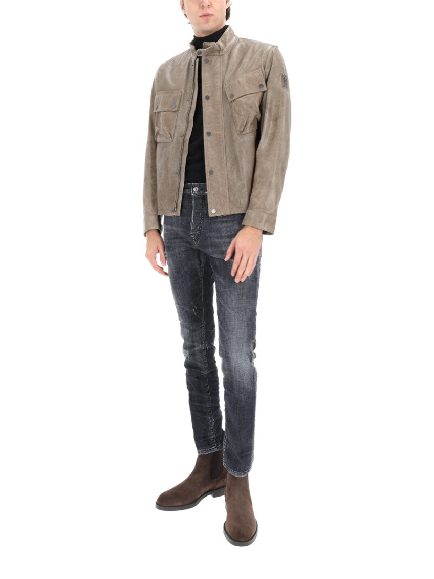 Beige Perforated Band Collar Jacket 2