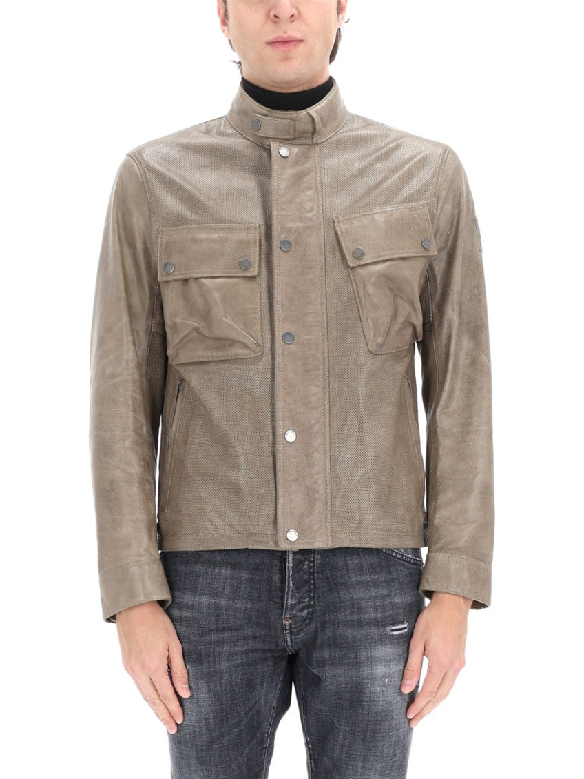 Beige Perforated Band Collar Jacket 3