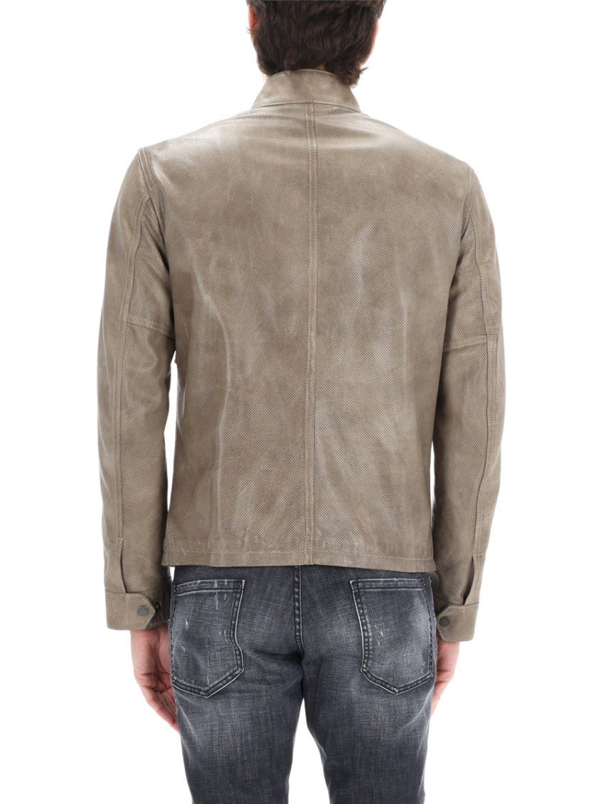 Beige Perforated Band Collar Jacket 4