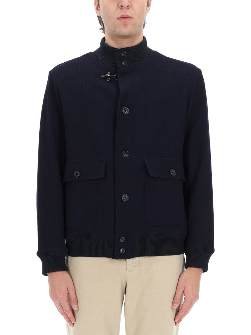 Dark Blue Solid Mock Collar Jacket 3