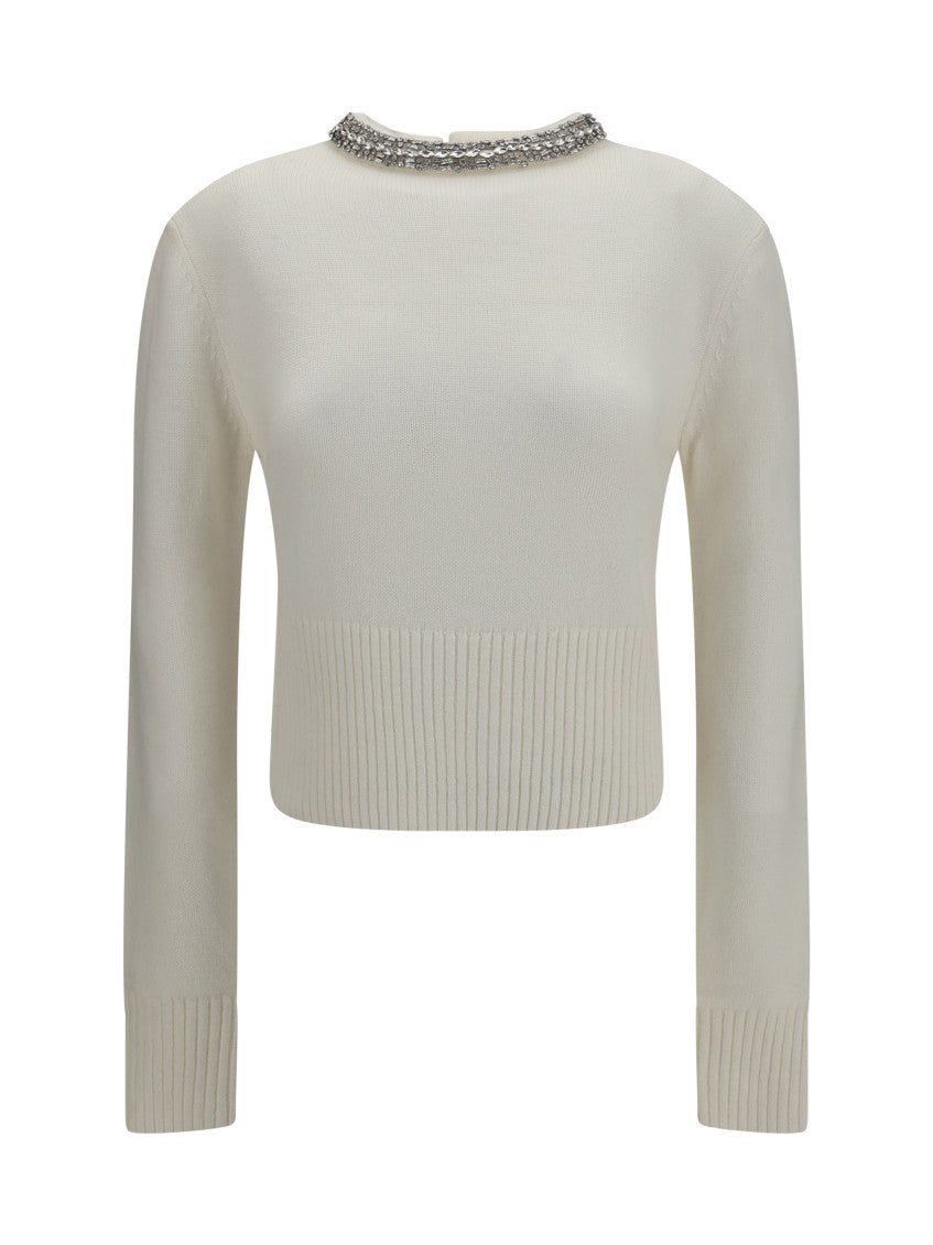 White Embellished Round Neck Sweater 1