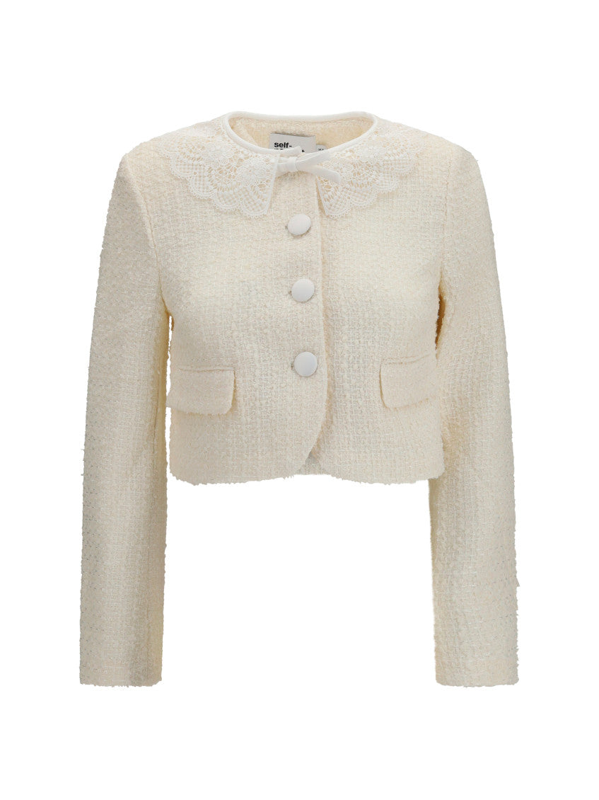 Off White Textured Round Neck Jacket 1
