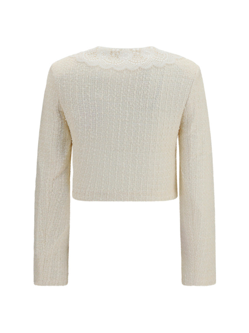Off White Textured Round Neck Jacket 2