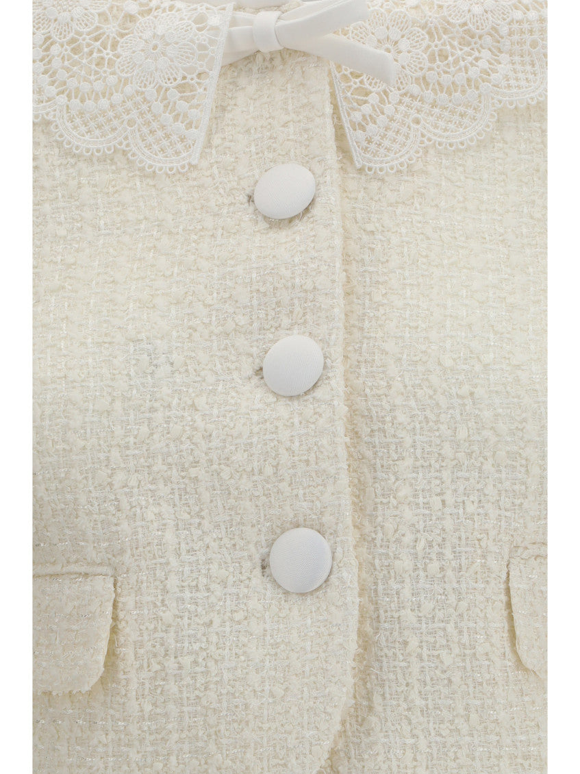 Off White Textured Round Neck Jacket 3