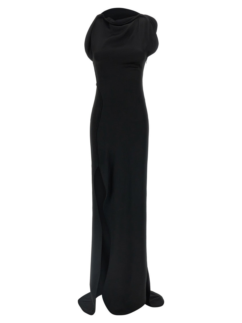 Black Satin Crepe asymmetrical neckline Dress 1