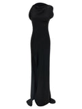 Black Satin Crepe asymmetrical neckline Dress 1