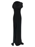 Black Satin Crepe asymmetrical neckline Dress 1
