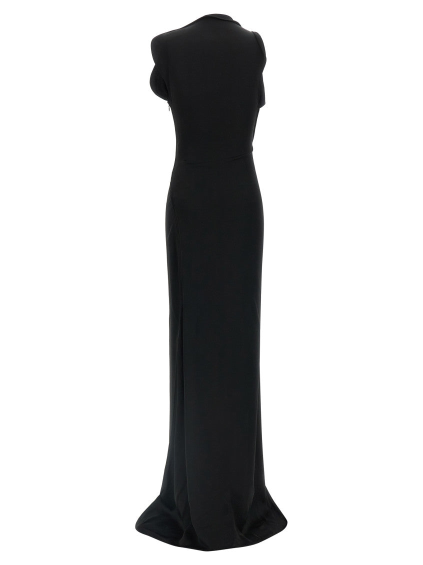 Black Satin Crepe asymmetrical neckline Dress 2