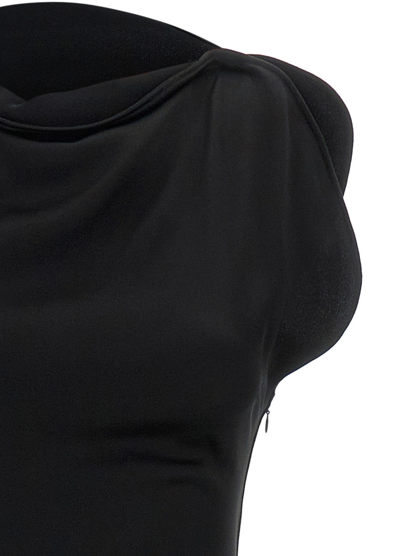 Black Satin Crepe asymmetrical neckline Dress 3