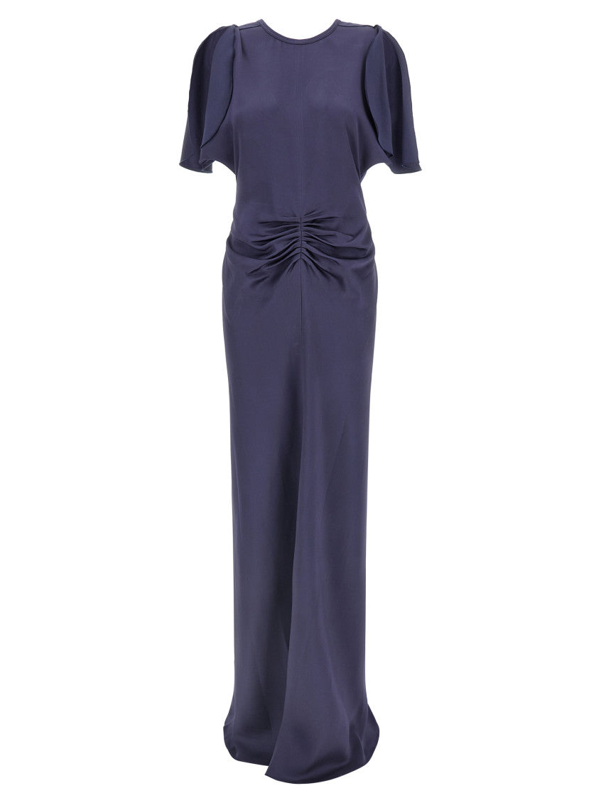 Purple Round Neck Waist Draping Dress 1