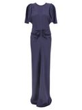 Purple Round Neck Waist Draping Dress 1
