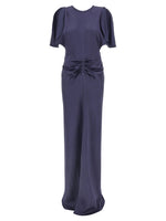 Purple Round Neck Waist Draping Dress 1