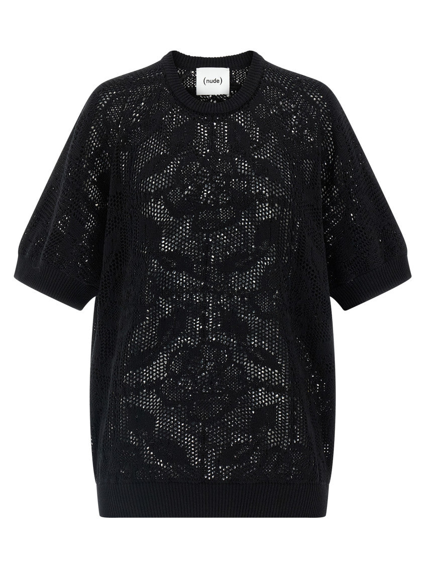 Black Openwork Cotton Sweater 1