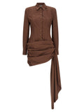 Brown Shirt Collar Draped Mini Dress 1