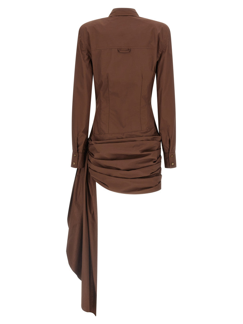 Brown Shirt Collar Draped Mini Dress 2