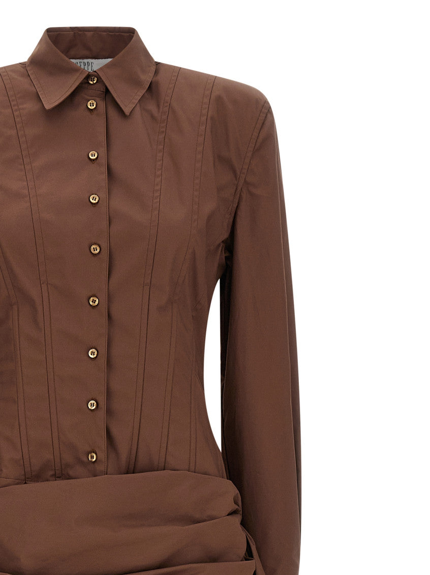 Brown Shirt Collar Draped Mini Dress 3