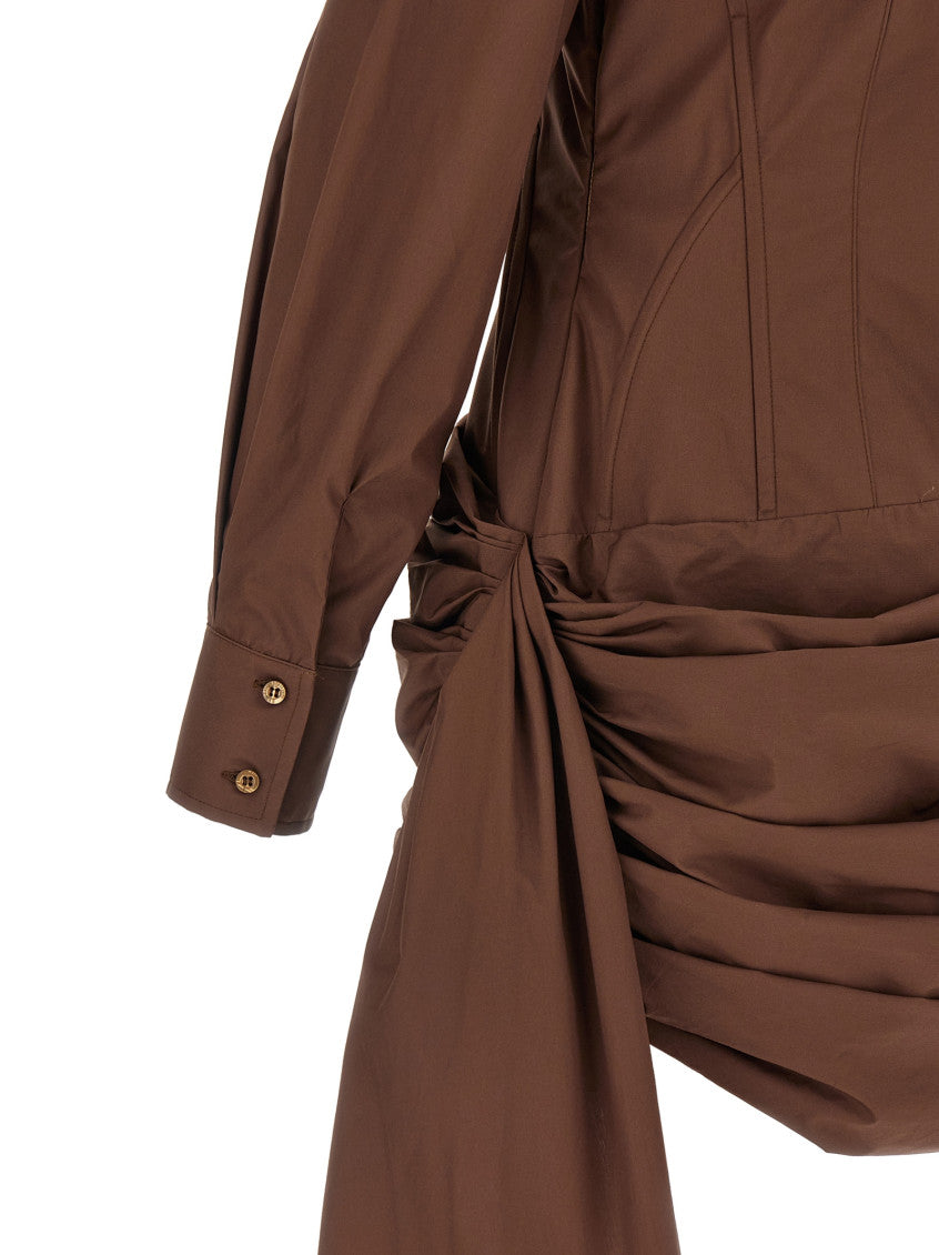 Brown Shirt Collar Draped Mini Dress 4