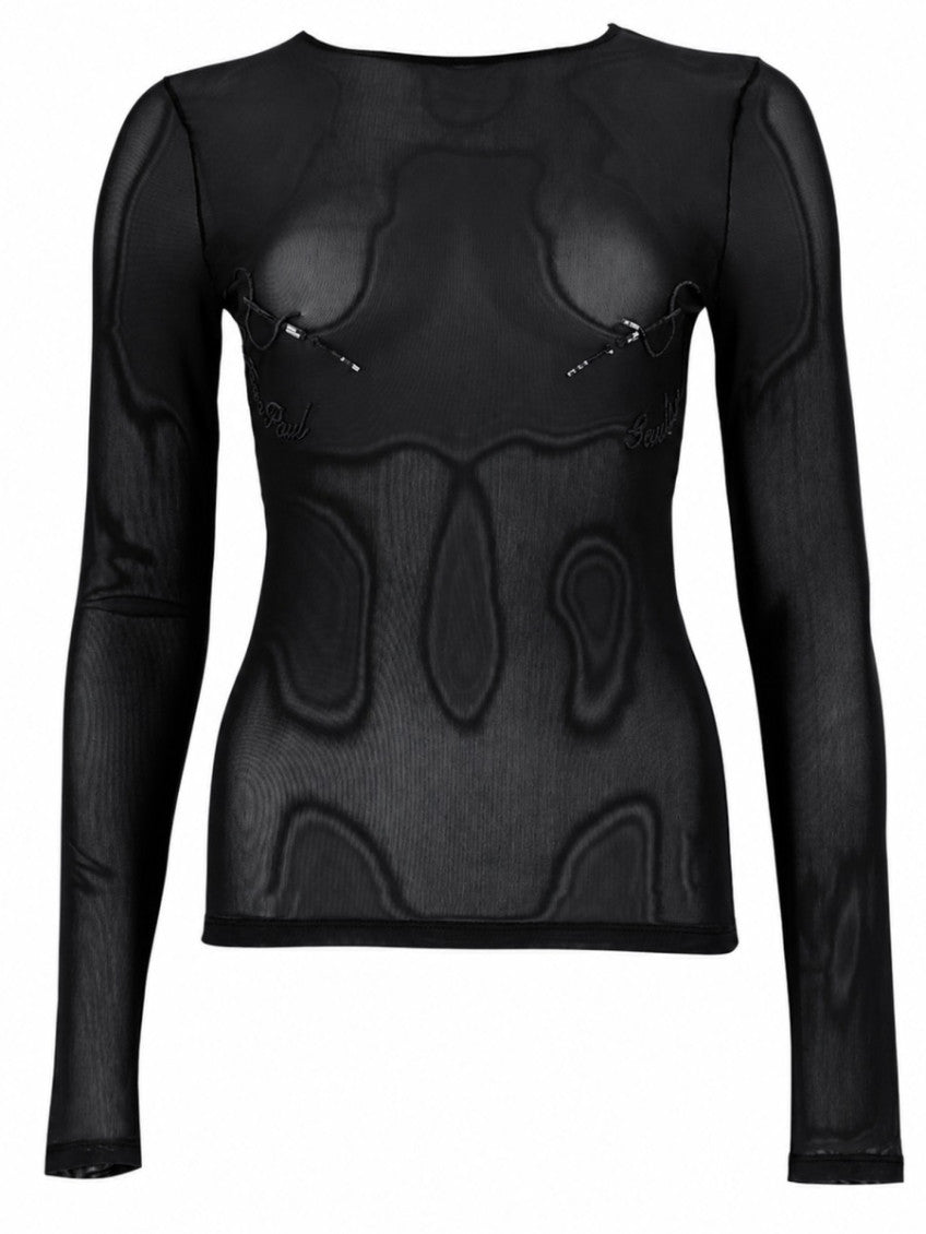 Black Transparent Boat Neck Top 1