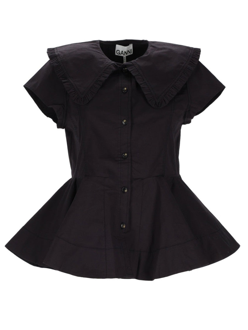 Black Solid Shirt Collar Top 1