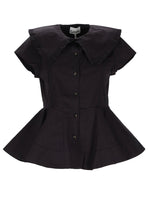 Black Solid Shirt Collar Top 1