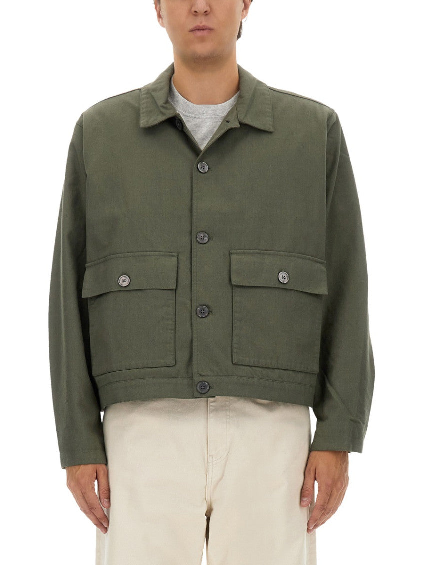 Green Solid Shirt Collar Jacket 1