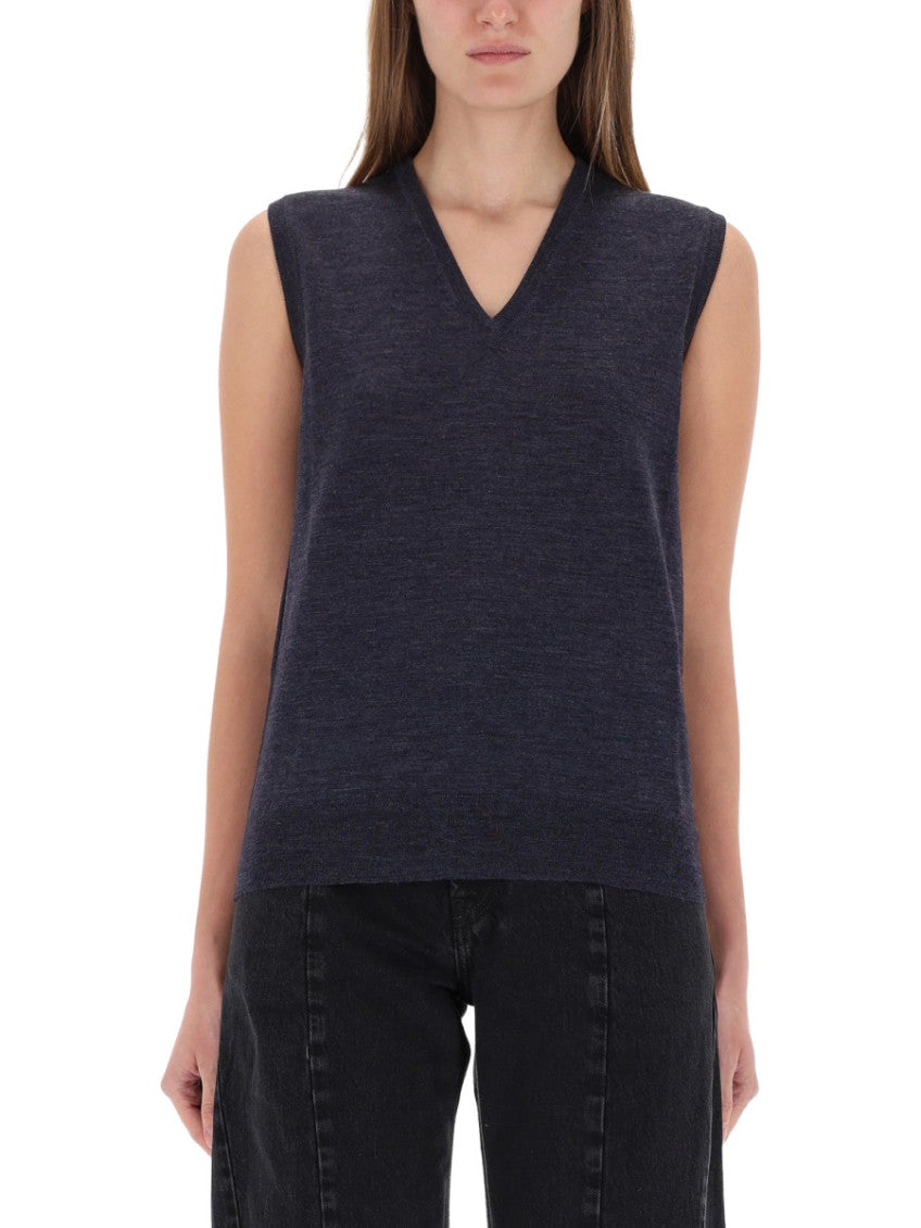 Navy Blue Solid V Neck Top 1