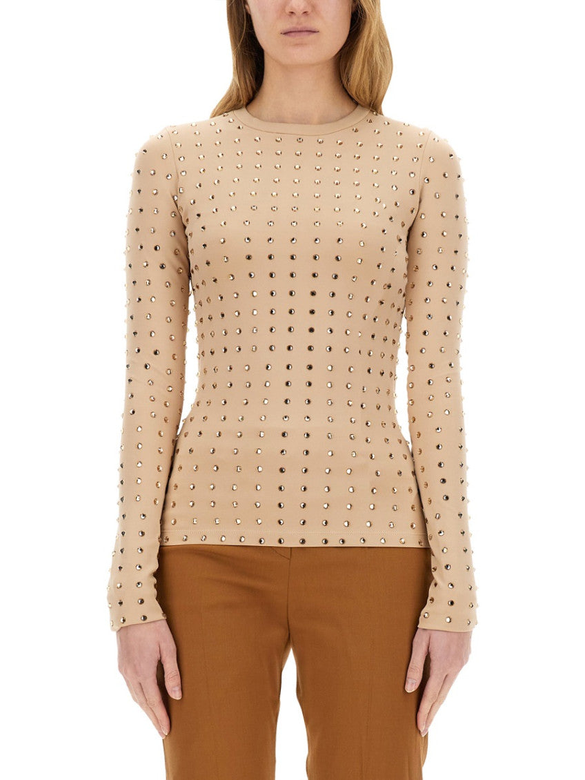 Beige Embellished Crew Neck Top 1