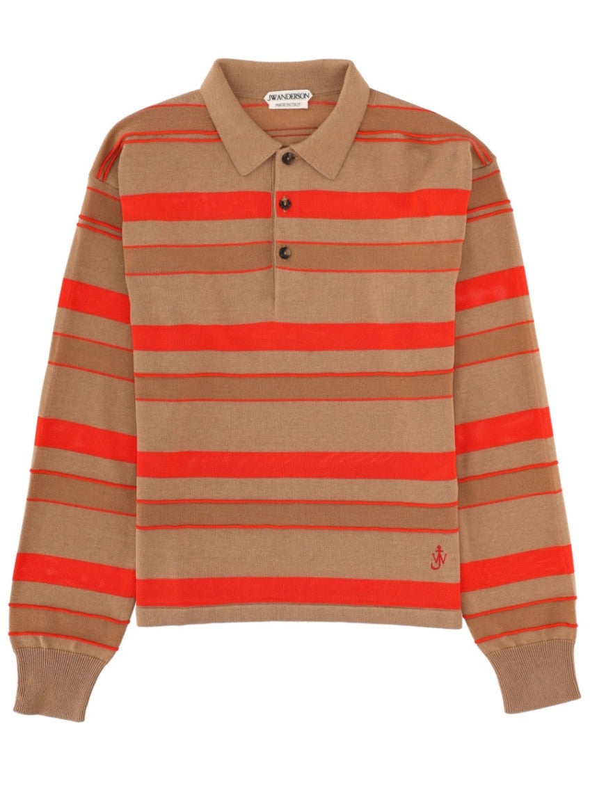 Beige Stripes Shirt Collar Sweater 1