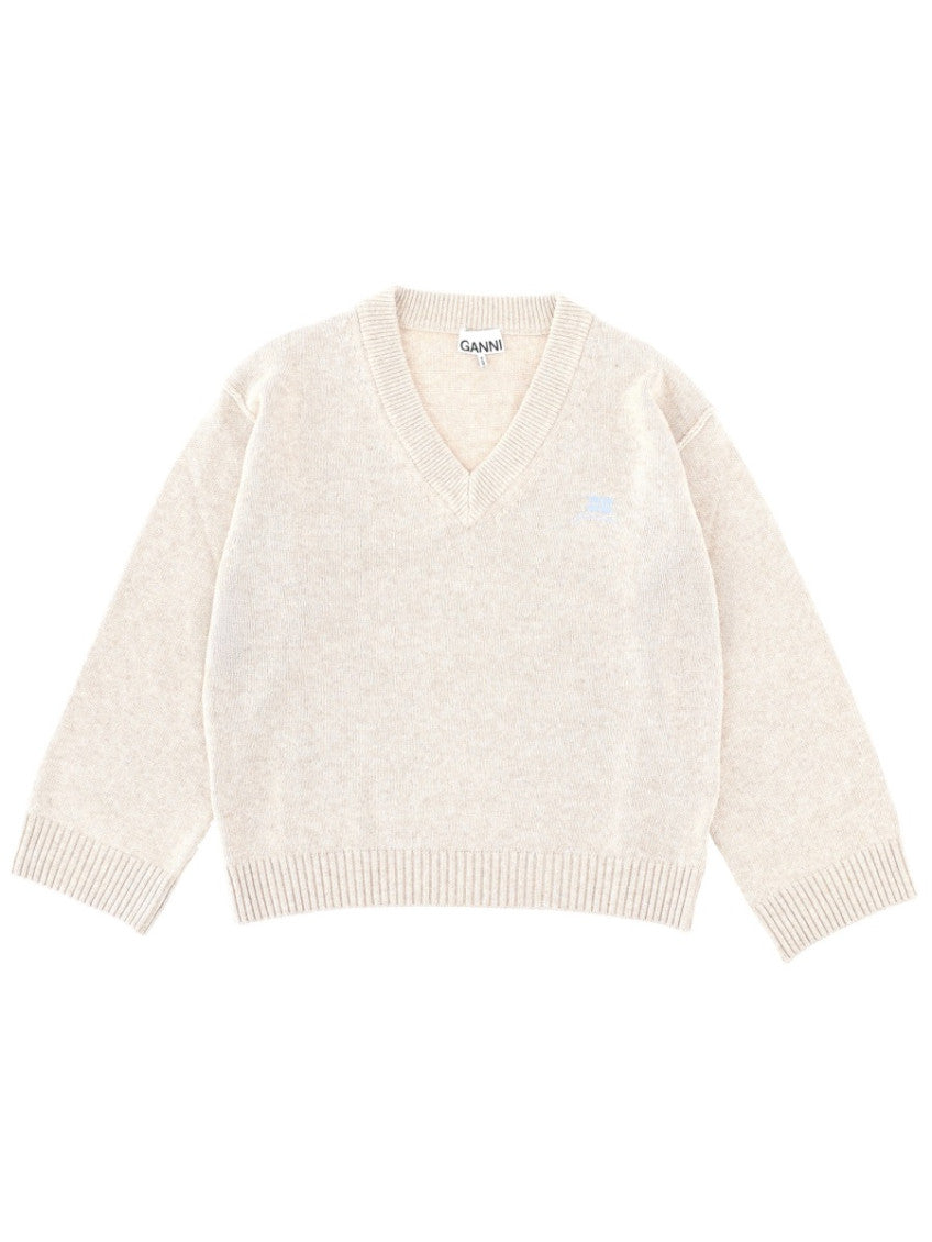 Beige Solid V Neck Sweater 1