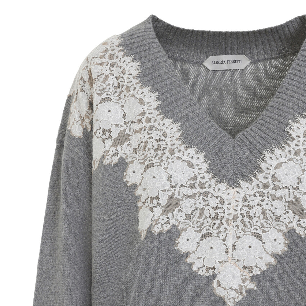 Grey Lace V Neck Sweater 3