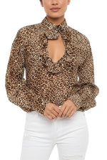 Brown Animal Print Shirt Collar Top 1