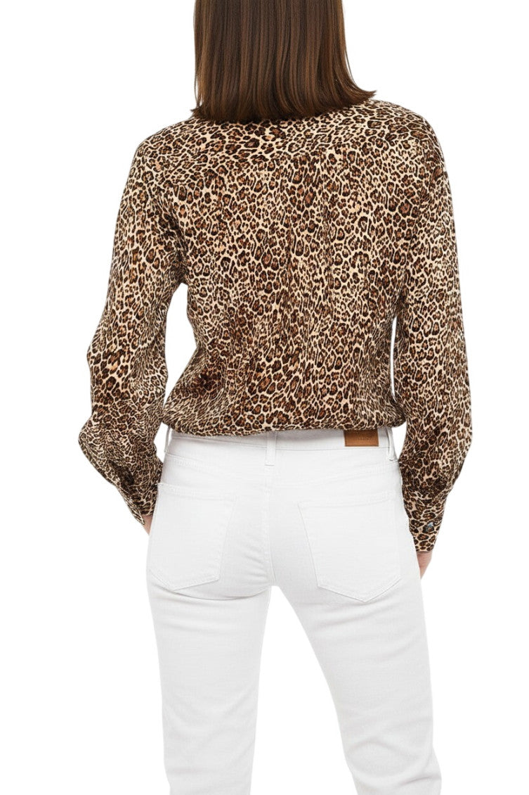 Brown Animal Print Shirt Collar Top 2