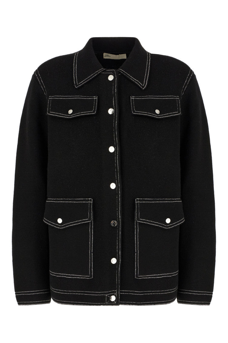 Black Textured Shirt Collar Jacket 1