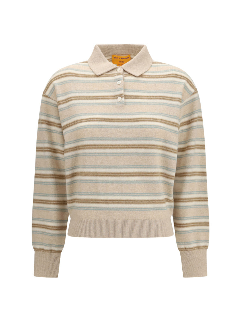 Beige Stripes Shirt Collar Sweater 1