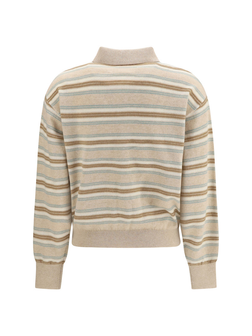 Beige Stripes Shirt Collar Sweater 2