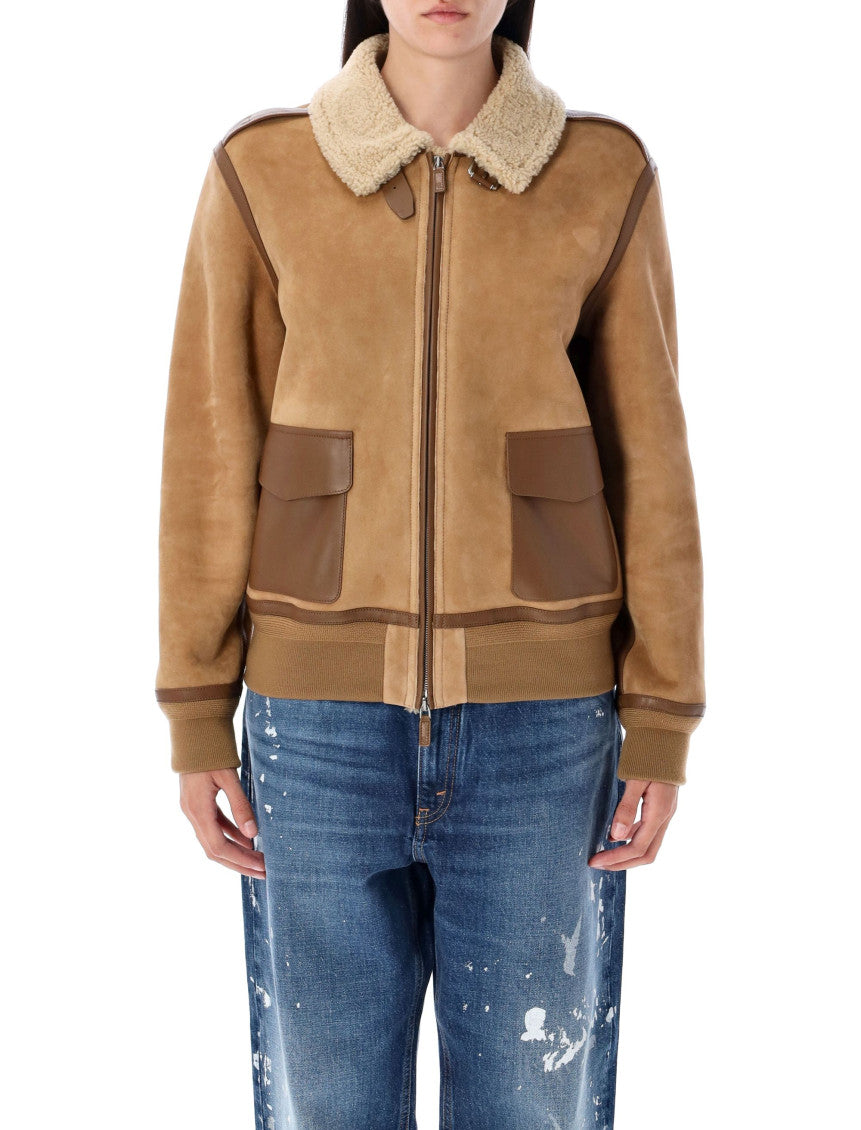 Beige Shearling Collar Bomber Jacket 1