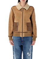 Beige Shearling Collar Bomber Jacket 1