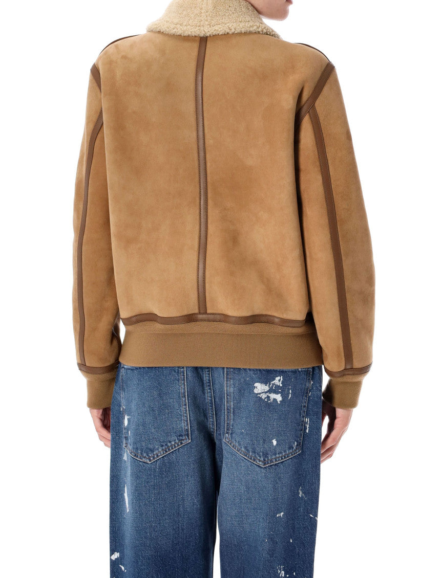 Beige Shearling Collar Bomber Jacket 2
