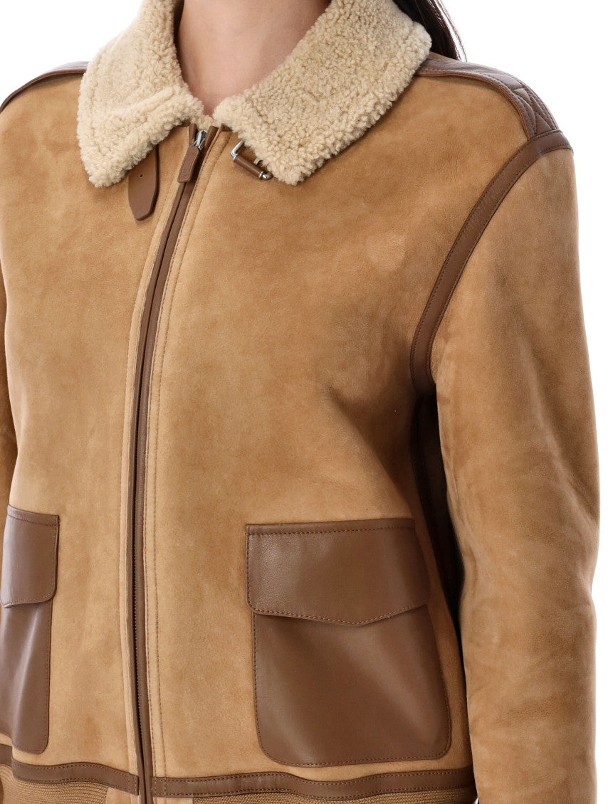 Beige Shearling Collar Bomber Jacket 3