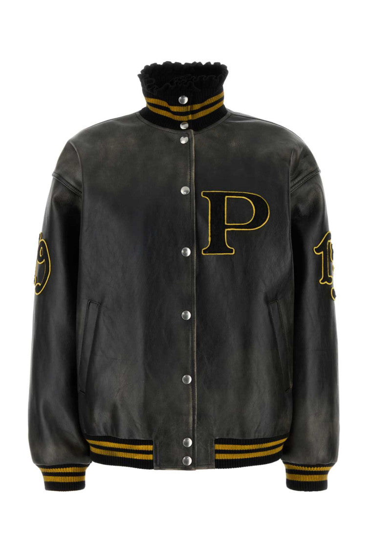 Black Leather Bomber With Patch 1