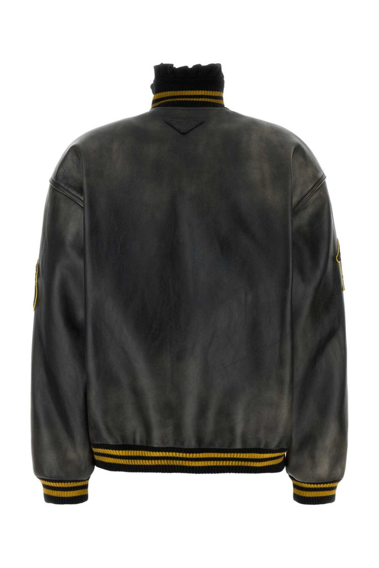 Black Leather Bomber With Patch 2