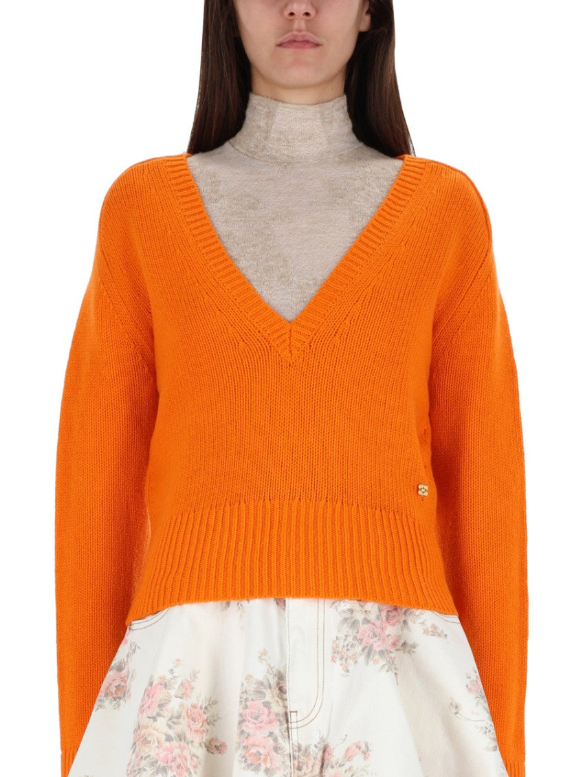 Orange Knitted V Neck Sweater 1