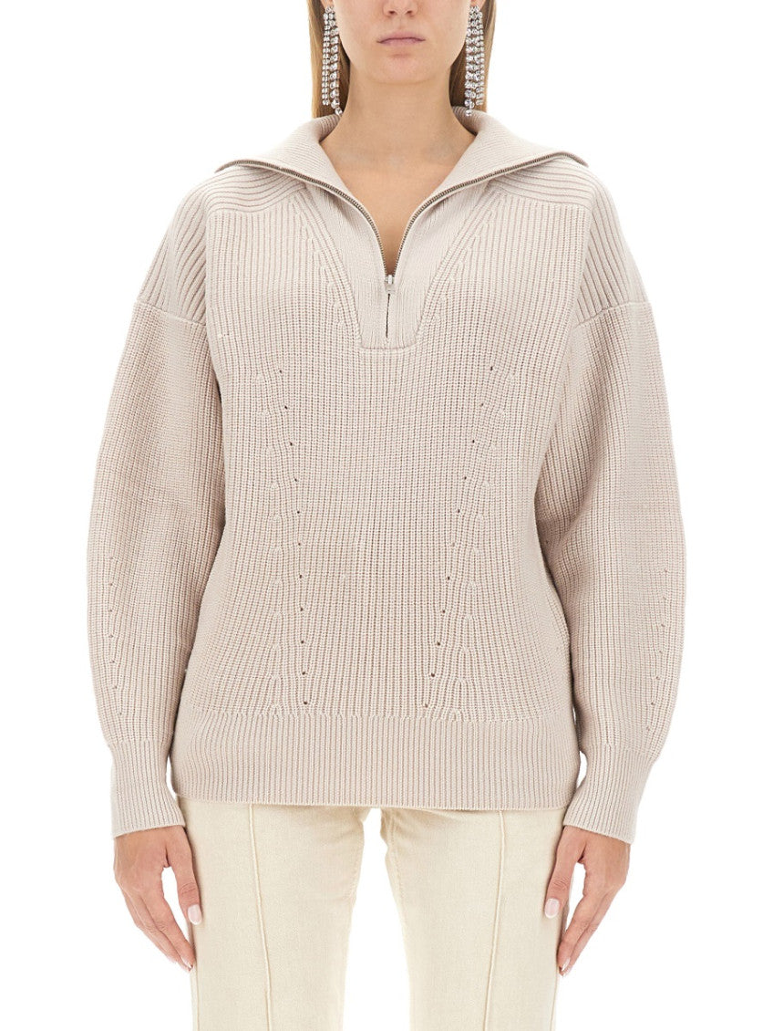 Light Brown Knitted Shawl Neck Sweater 1