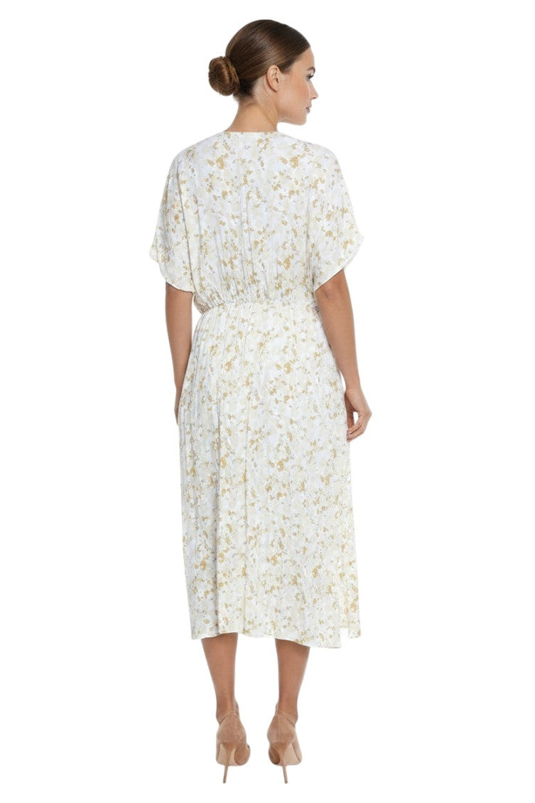Beige Floral V Neck Midi Dress 2