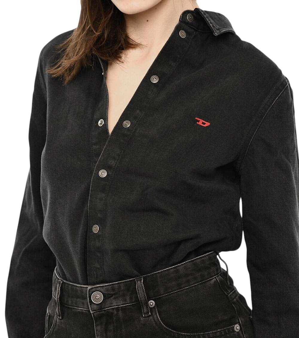 Black Solid Shirt Collar Mini Dress 4