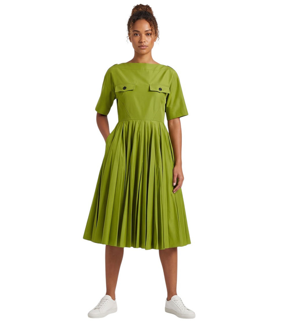 Green Boat Neck Knee Length Dress 3