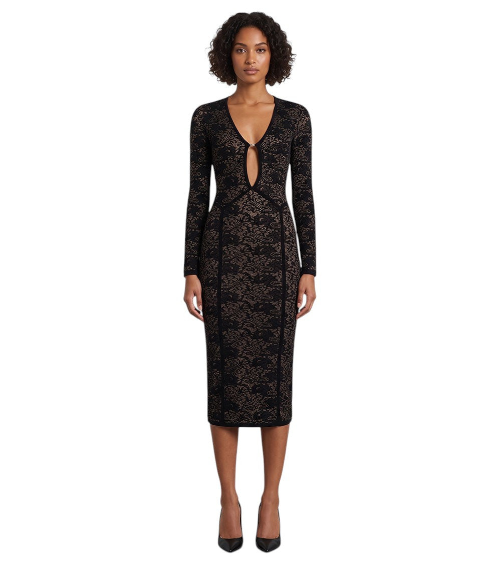Black Abstract V Neck Midi Dress 3